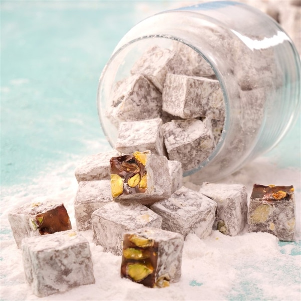 Double Roasted Pistachio Mini Turkish Delight with Powdered Sugar